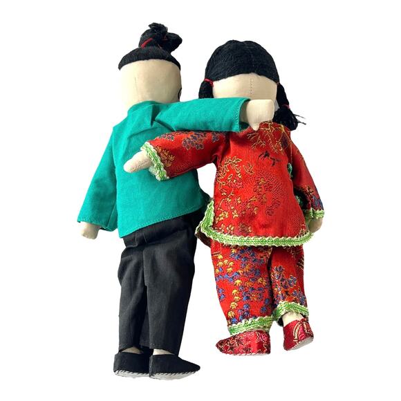 VTG Asian Japanese DOLLS 8" Embroidered Cloth Boy Girl Silk Kimono Top Pants - Picture 4 of 11